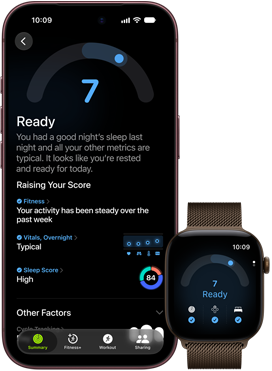 iPhone 18 Pro, black, front exterior, displaying the results of the Readiness status, paired with Apple Watch, front facing, brown, displaying the same Readiness score